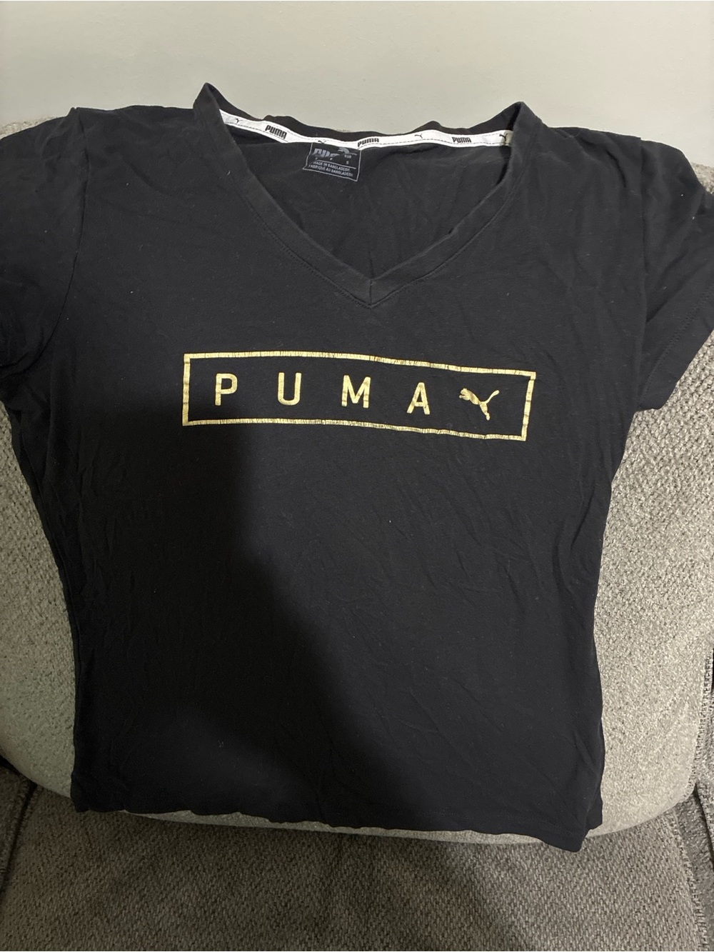 Puma Black V-Neck Tee with Metallic Gold Logo